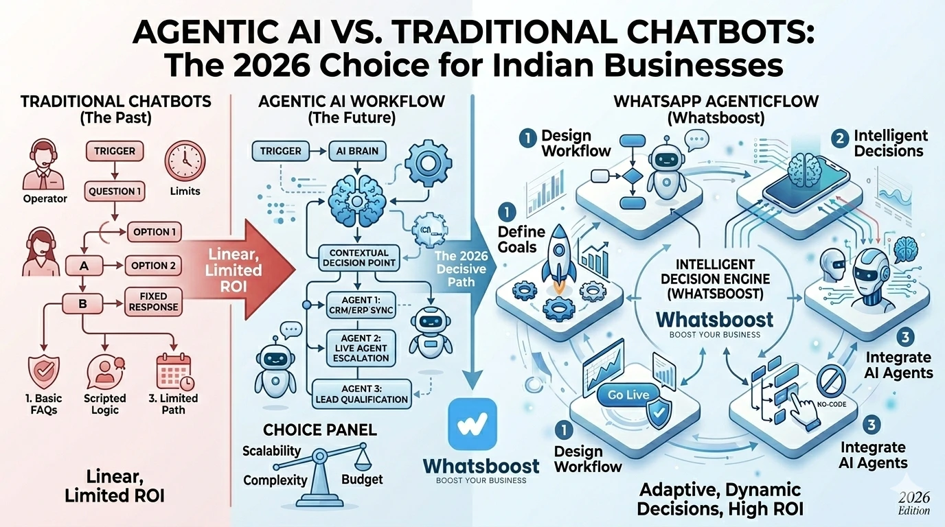 WhatsApp Agenticflow vs Traditional Chatbots: What Indian Businesses Should Choose in 2026 | Whatsboost