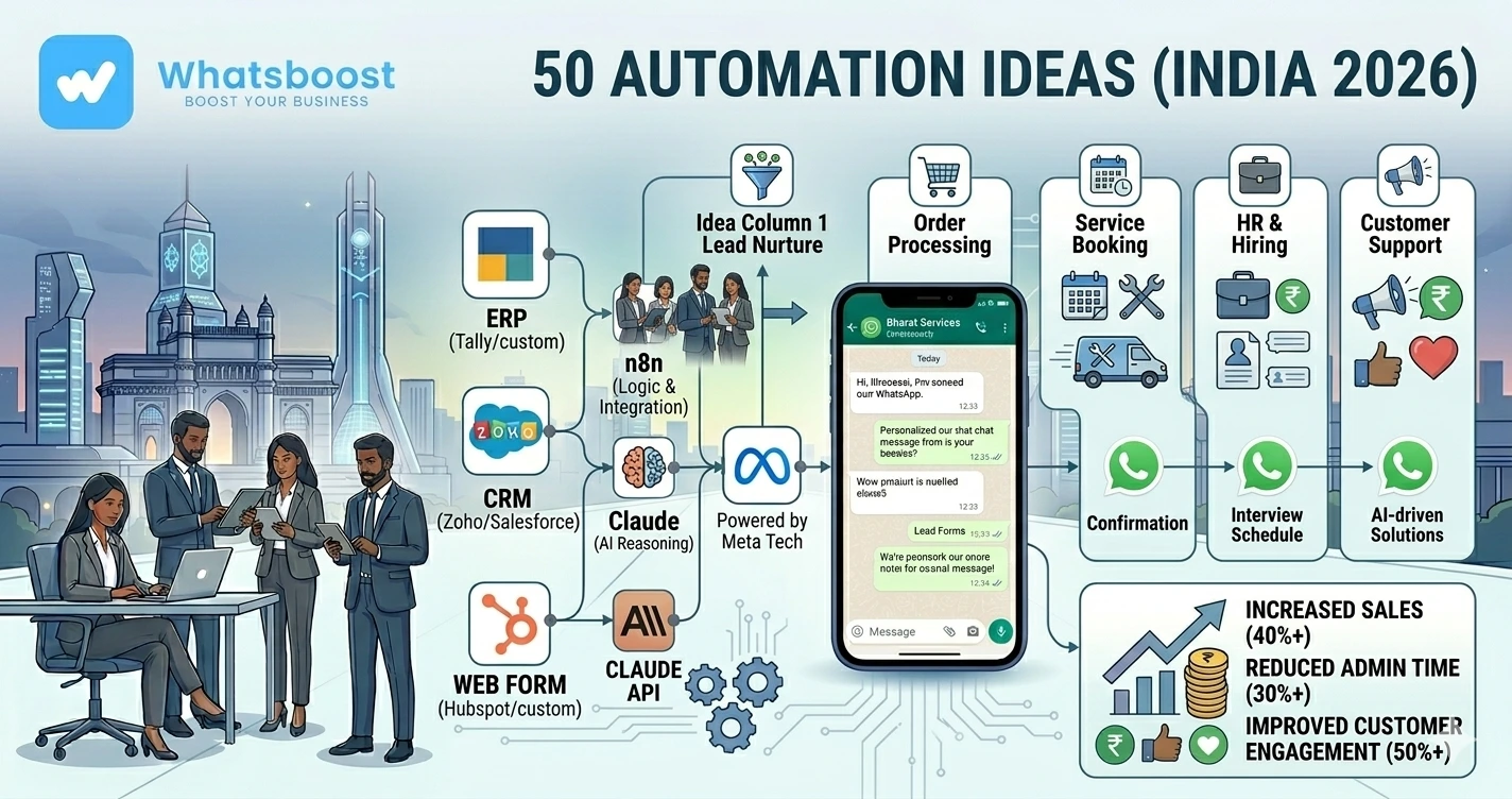 50 WhatsApp + n8n + Claude Automation Ideas for Indian Businesses (2026 Guide)